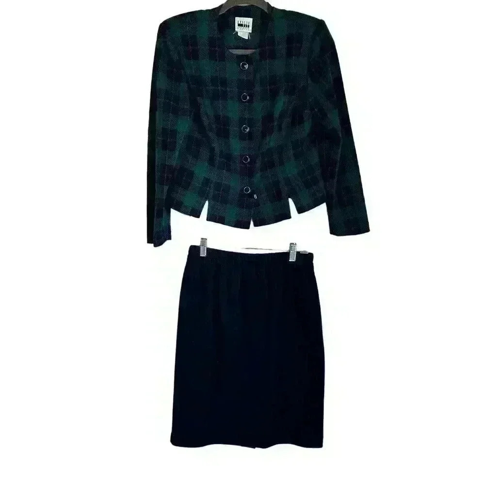 Vintage Leslie Fay Plaid Suit Blazer With Jeweled Buttons Size 8P
